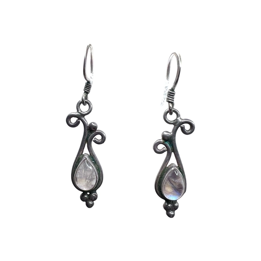 925 Sterling Silver Rainbow Moonstone Dangle Earrings Ornate Vintage